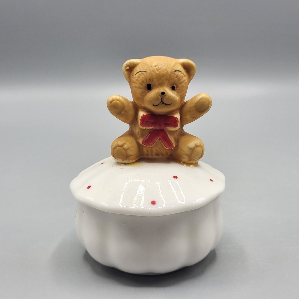 Trinket Dish Vintage Ceramic Teddy Bear Red Bow Polka Dot White